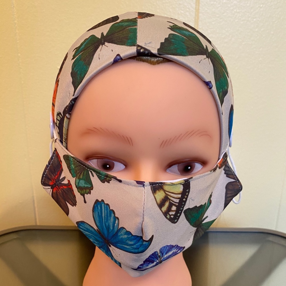 Gray Multi Colored Butterfly Head-Wrap Face Mask